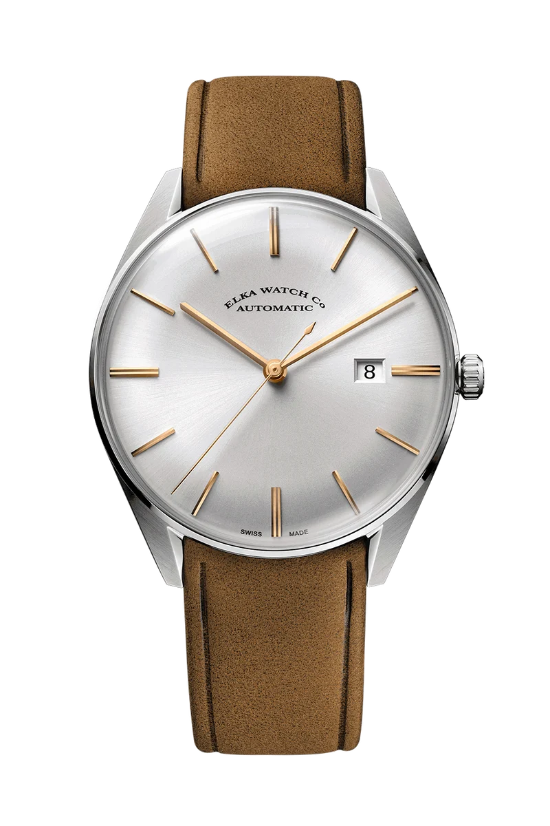 Montre automatique ELKA D01-0804 avec cadran argenté et bracelet en daim cognac