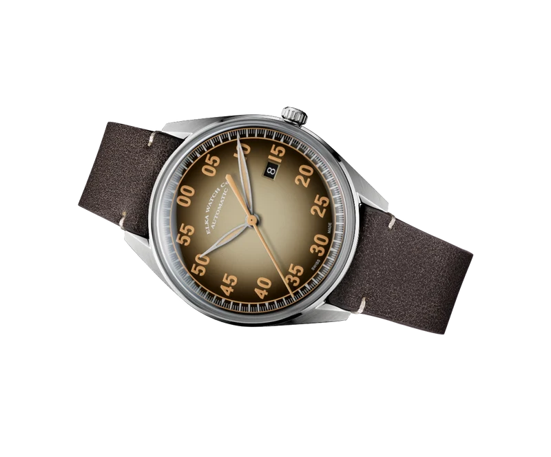ELKA X09-0802 Automatique Cadran Beige-Noir Dégradé et Cuir Marron