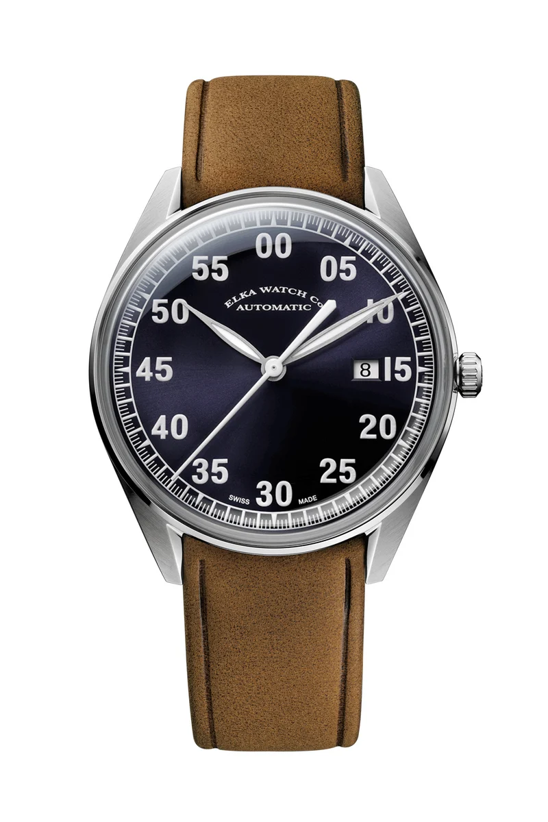 ELKA X03-0804 Montre automatique à cadran bleu et bracelet en cuir suédé