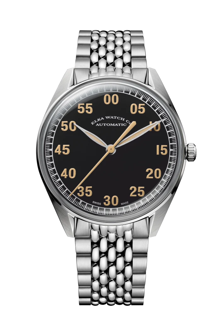 Montre automatique ELKA X01w-1003 avec cadran noir et bracelet grain de riz