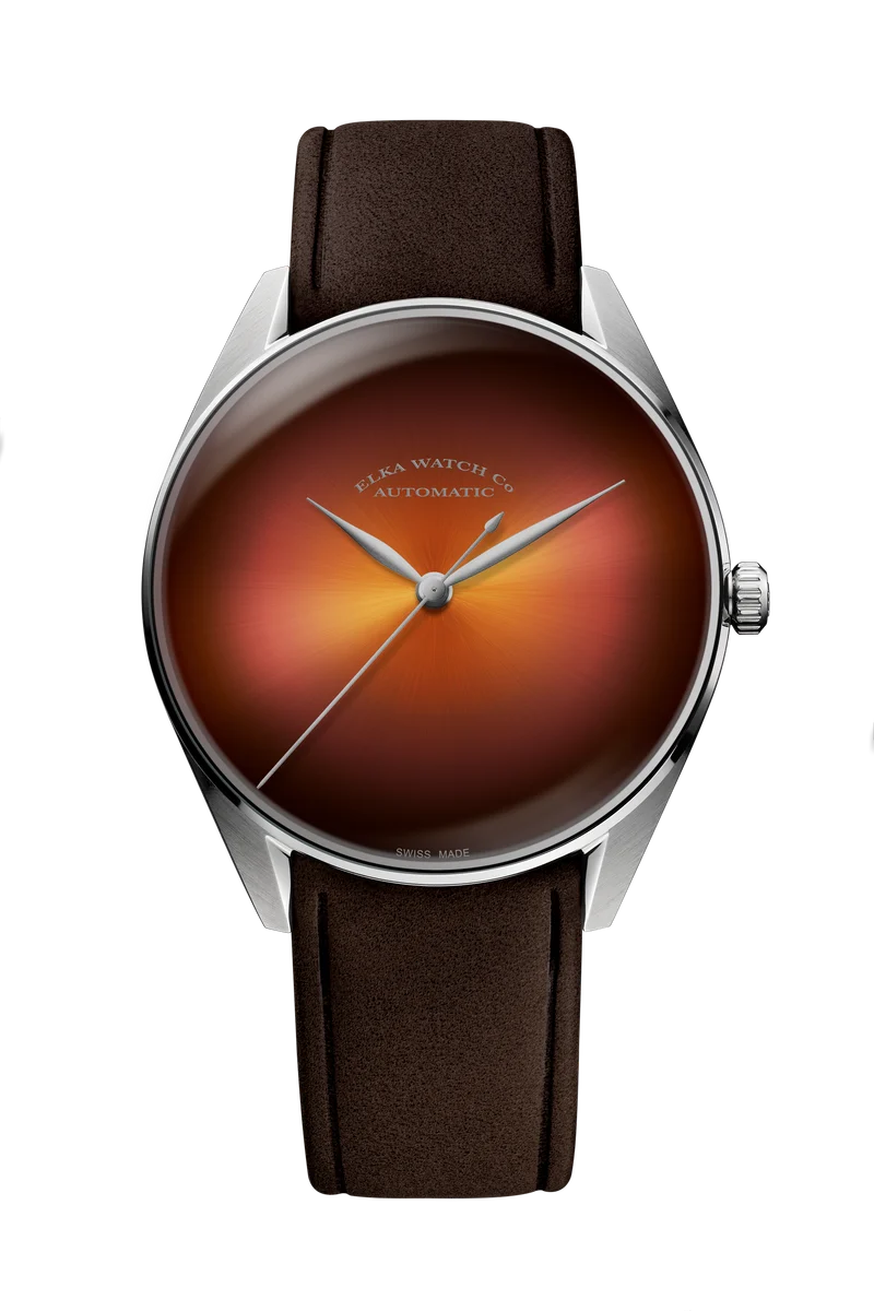 Montre automatique ELKA S01-0811 avec cadran ambré et bracelet en cuir marron