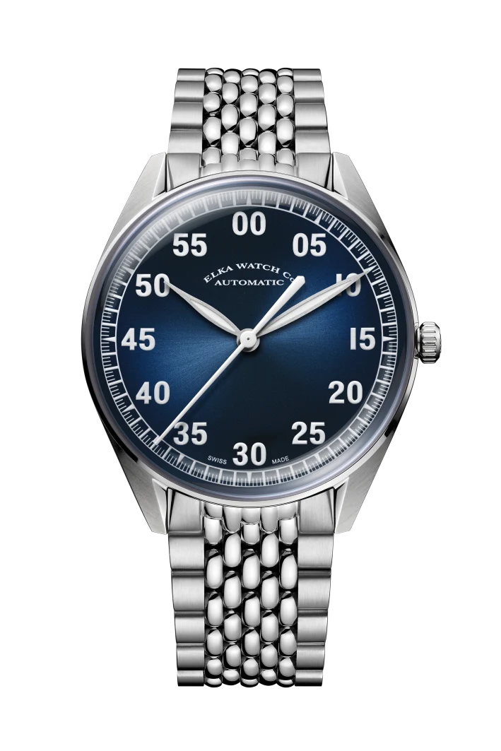 Montre automatique ELKA X11-1003 avec cadran bleu dégradé et bracelet en daim cognac