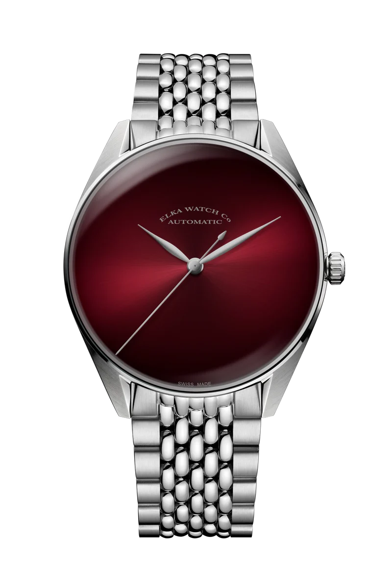Montre automatique ELKA S02-1003, cadran bordeaux dégradé et bracelet en acier grain de riz