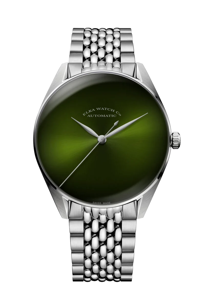 Montre automatique ELKA S05-1003, cadran vert dégradé et bracelet grain de riz