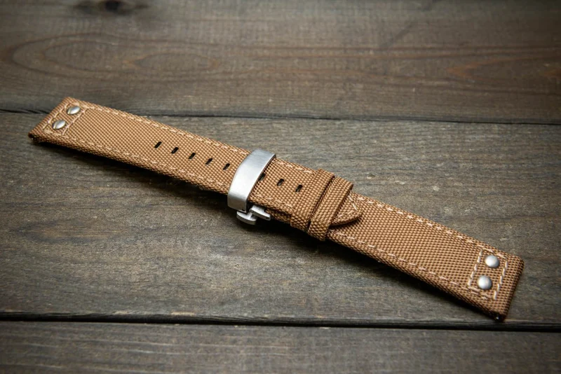 Sailcloth, Cordura military grade watch strap, AeroChrono watch band by FinWacthStraps®. Deployment clasp installed.