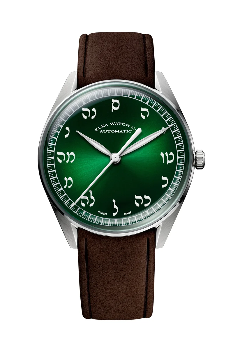 ELKA X16-0811 Montre automatique à cadran vert dégradé et cuir marron