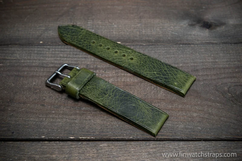 Leather watch strap, handmade in Finland. Badalassi Olive wax