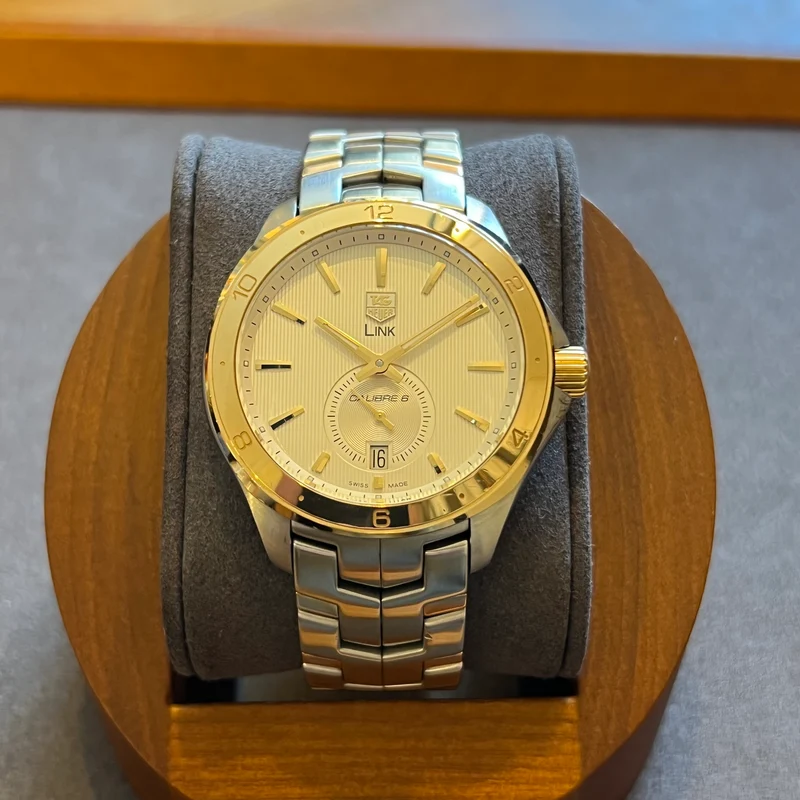 Montre Tag Heuer Link Calibre 6 avec lunette dorée, ensemble complet WAT2150.BB0953
