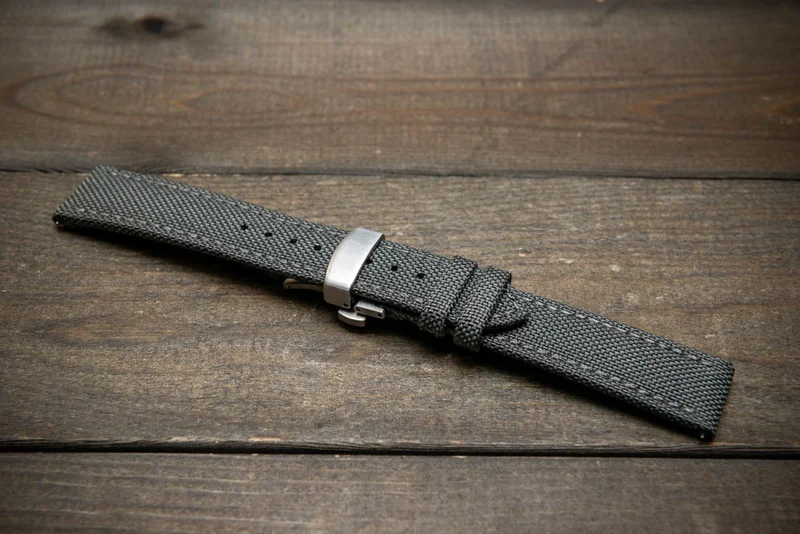 Sailcloth, Cordura military grade watch strap, Quick-release spring bars are installed, lined with Lorica eco-leather by FinWacthStraps® Deployment clasp installed.