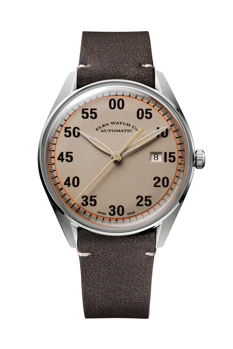 ELKA X02-0802 Automatique Cadran Beige Kaki et Cuir Marron