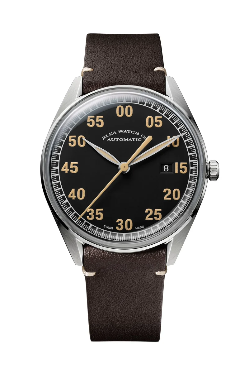 ELKA X01-0801 Automatique Cadran Noir et Cuir Marron