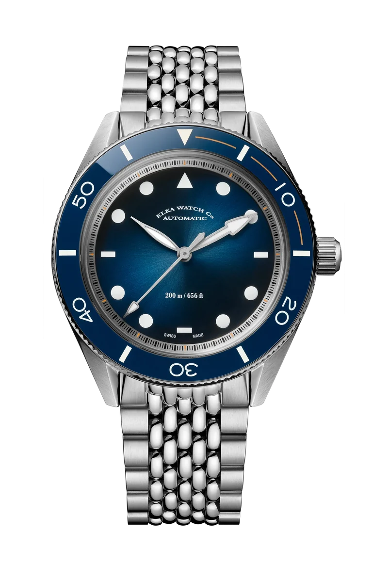 ELKA Arinis AF01w-1002 Montre automatique à cadran bleu dégradé et bracelet grain de riz