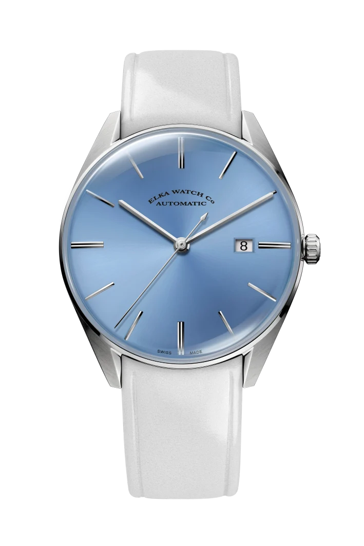 ELKA D08-0808 Montre automatique avec cadran bleu ciel et cuir gris clair