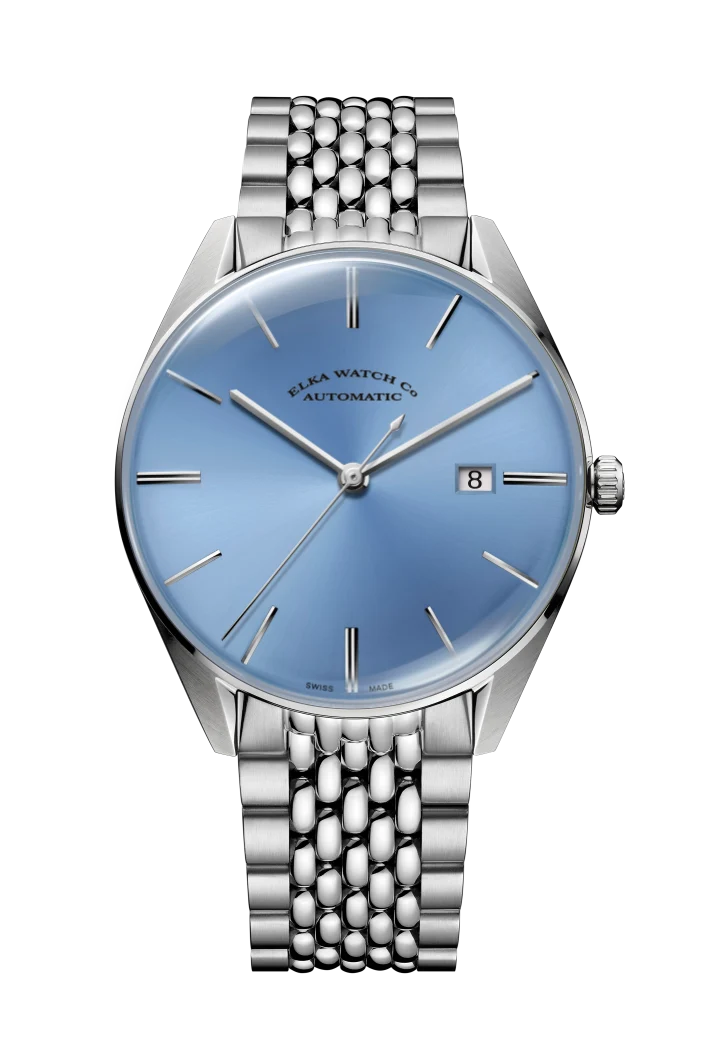 Montre automatique ELKA D08-1003, cadran bleu ciel et bracelet en métal grain de riz