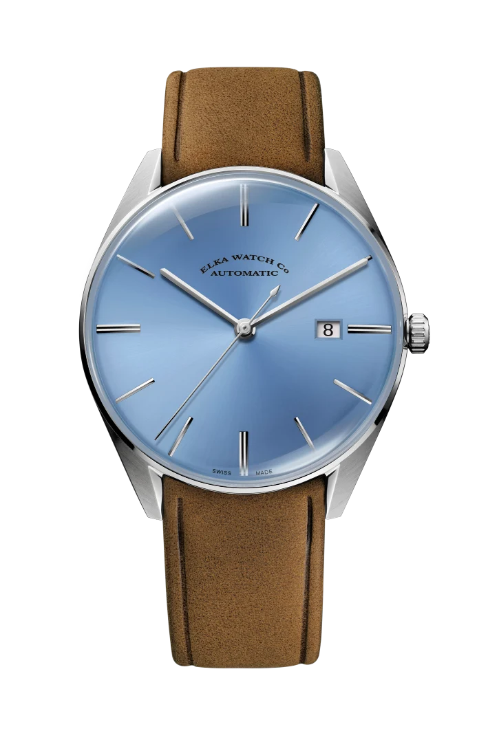Montre automatique ELKA D08-0804, cadran bleu ciel et bracelet en daim cognac