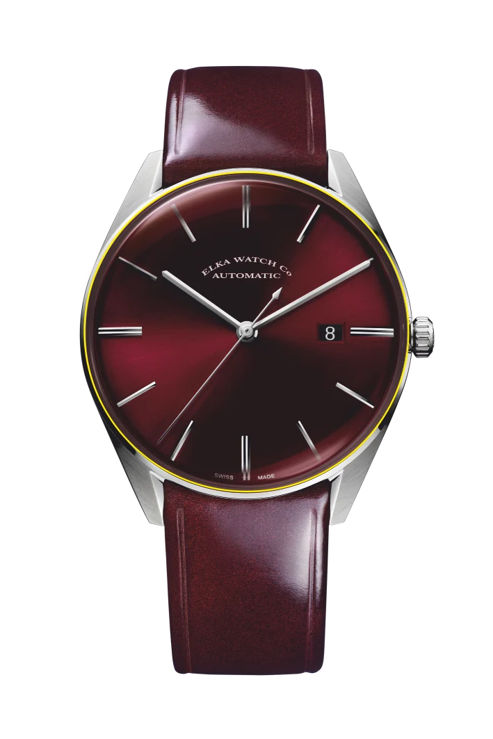 ELKA D07-0810 Automatique Cadran Bordeaux et Cuir Marron Foncé