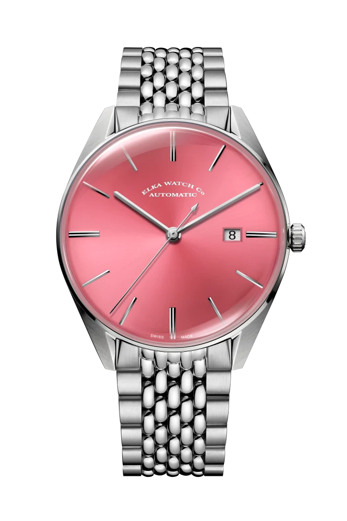 Montre automatique ELKA D06-1003 avec cadran rose pâle et bracelet grain de riz