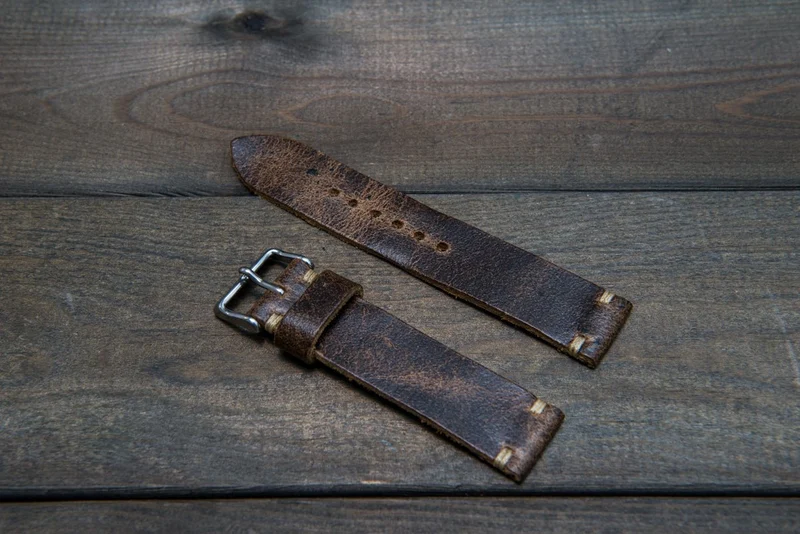Suede vintage leather watch strap (Crazy cow, Teak), 1 leather keeper, handmade in Finland