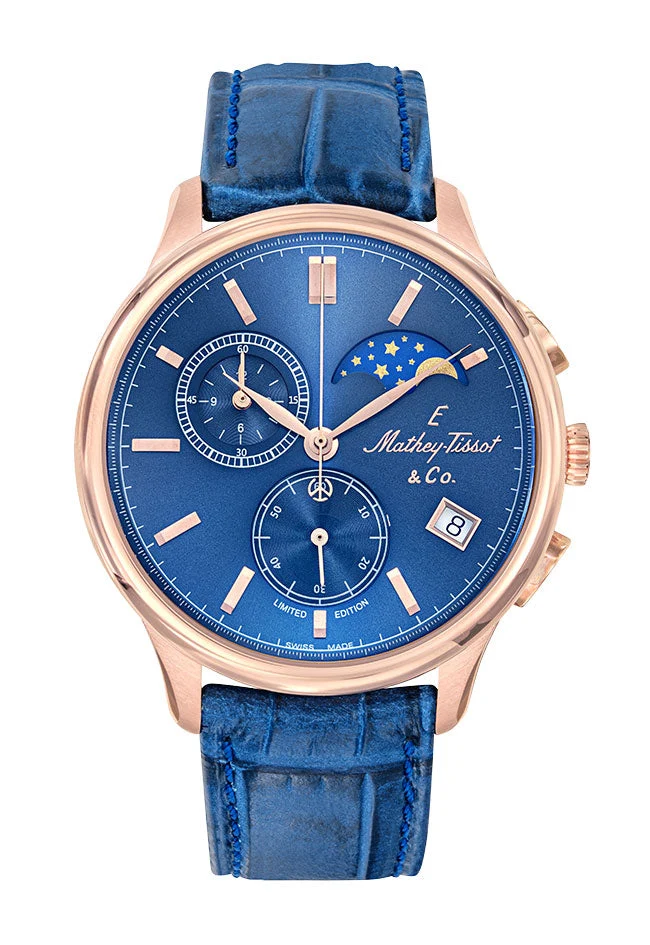 Montre Mathey-Tissot Edmond G10 Moonphase en or rose et cuir bleu avec cadran H1886RCHPBU