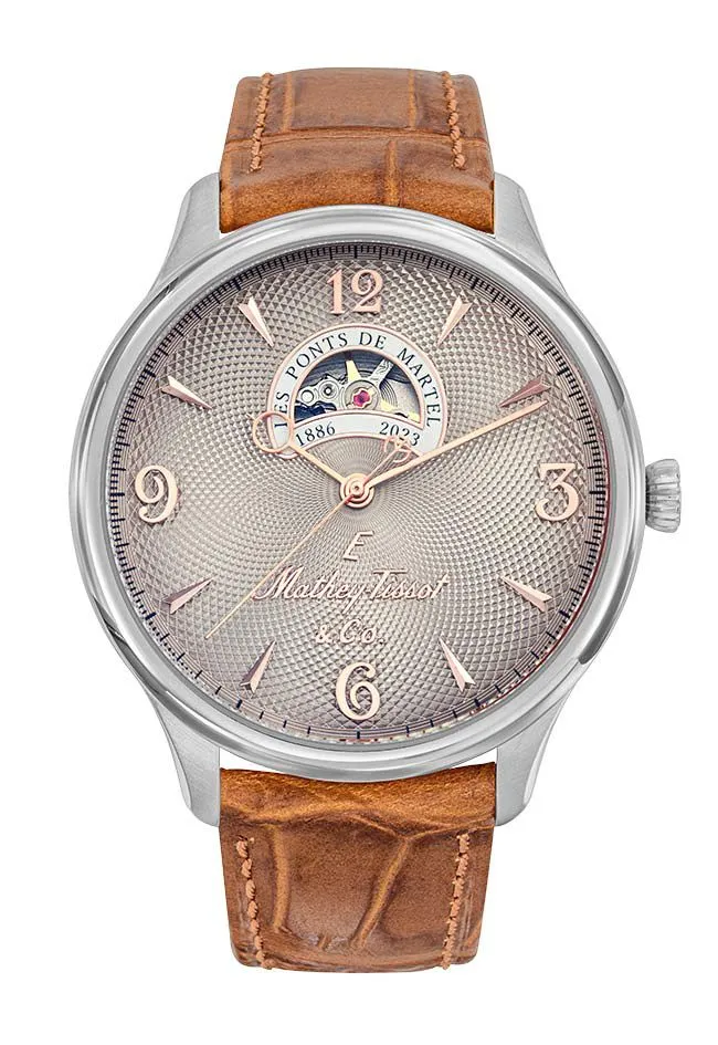 Montre Mathey-Tissot Edmond Havana Open Heart en acier inoxydable, cuir camel et cadran crème MC1886CIA