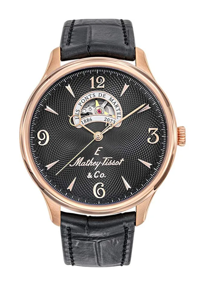 Montre Mathey-Tissot Edmond Havana Open Heart en or rose / cuir noir et cadran MC1886CN