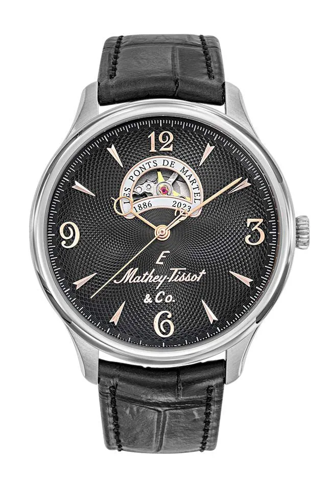 Montre Mathey-Tissot Edmond Havana Open Heart en acier inoxydable / cuir noir et cadran MC1886CNA