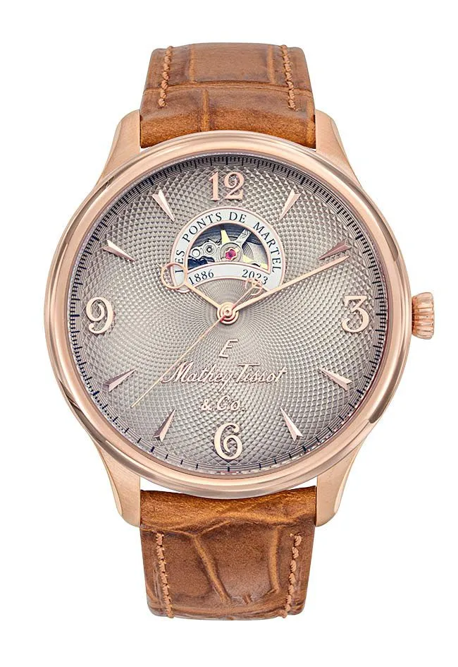 Montre Mathey-Tissot Edmond Havana Open Heart en or rose, cuir camel et cadran crème MC1886CI
