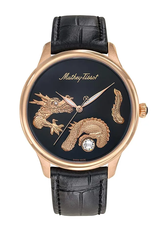 Montre Mathey-Tissot Edmond automatique, fabriquée à la main, modèle Dragon, or rose et cuir noir, MD1886PN