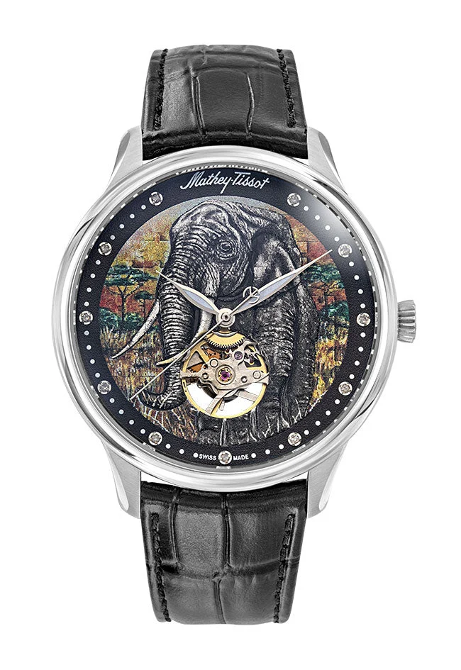 Montre Mathey-Tissot Edmond automatique, fabriquée à la main, en acier inoxydable et cuir noir, MC1886AEL
