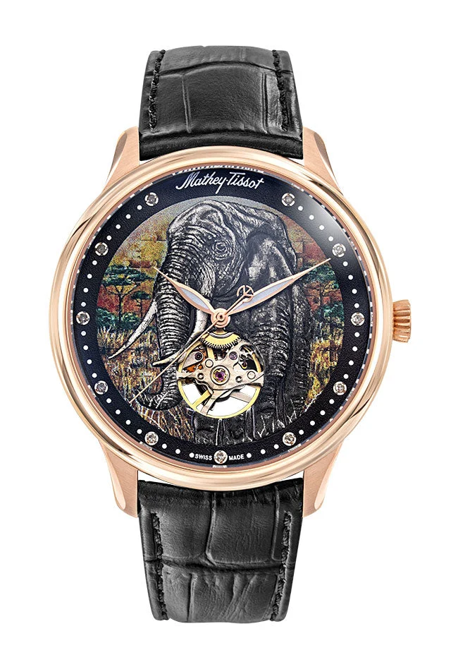 Montre automatique Mathey-Tissot Edmond, fabriquée à la main, en or rose et cuir noir, MC1886PEL