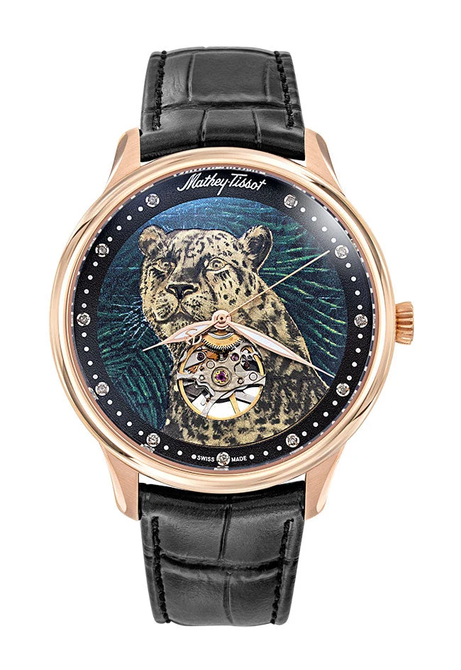 Montre automatique Mathey-Tissot Edmond, fabriquée à la main, en or rose et cuir noir, MC1886PLEO