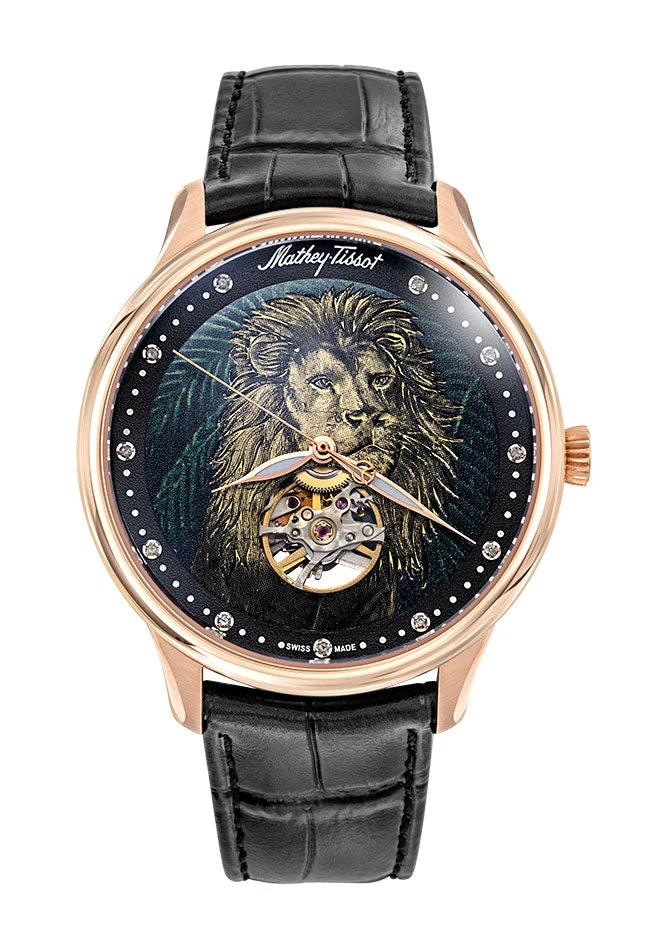 Montre automatique Mathey-Tissot Edmond, fabriquée à la main, en or rose et cuir noir, MC1886PLIO
