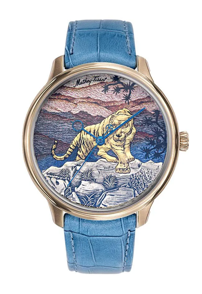 Mathey-Tissot Edmond Automatique Tigre Fait Main Or Rose et Cuir Bleu H1886TP