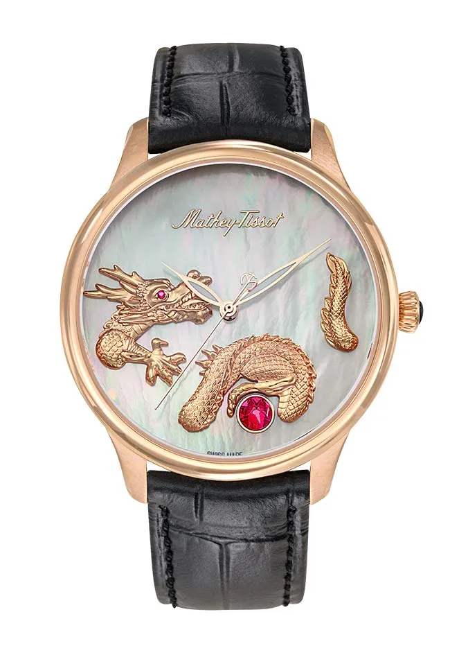 Mathey-Tissot Edmond Automatique Dragon Fait Main Or Rose et Cuir Noir MD1886PA
