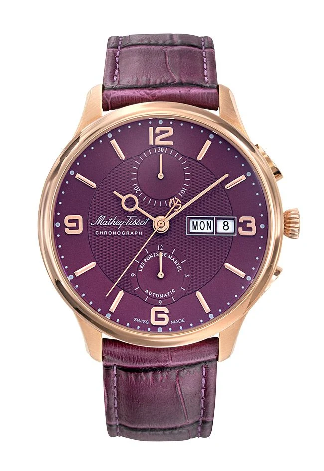 Montre Mathey-Tissot Edmond Chrono Auto, cadran et bracelet or rose/violet H1886CHATPR