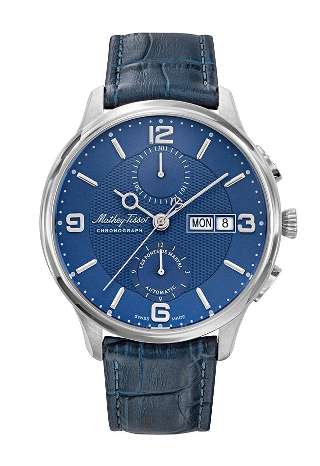 Mathey-Tissot Edmond Chrono Automatique Acier Inoxydable / Cuir Bleu & Cadran H1886CHATABU