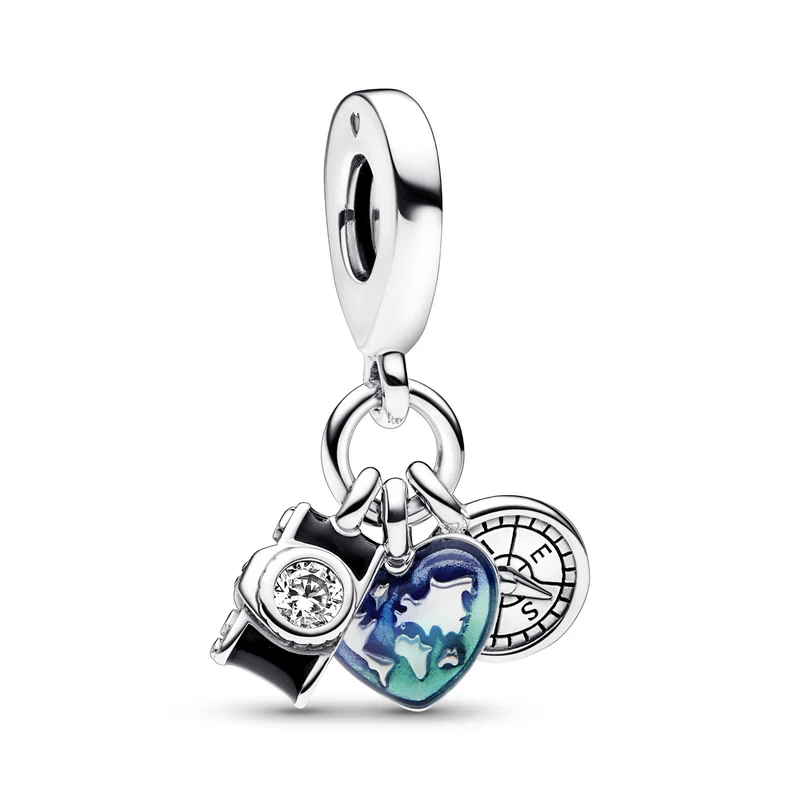 Pandora Moments 925 Sterling Silver Camera, Heart And Compass Charm 792703C01