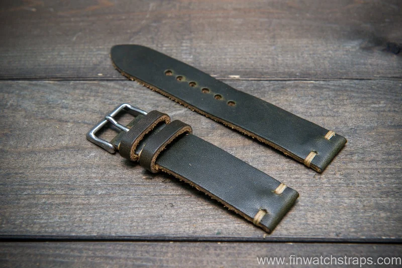 Horween Dublin Olive leather watch strap, handmade in Finland