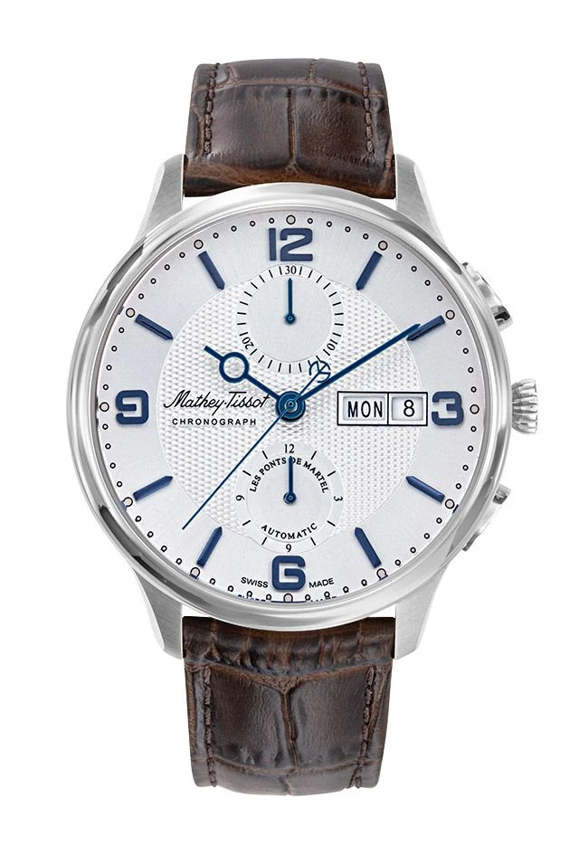 Mathey-Tissot Edmond Chrono Automatique Acier Inoxydable / Cuir Marron & Cadran Blanc H1886CHATAI
