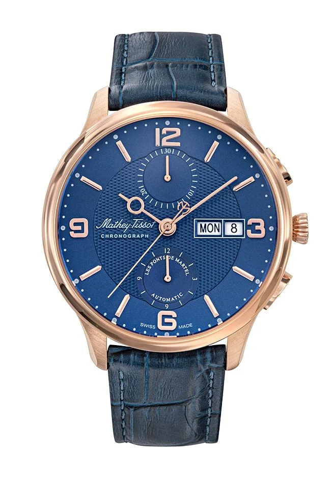 Mathey-Tissot Edmond Chrono Auto Or rose / Cuir bleu et cadran H1886CHATPBU