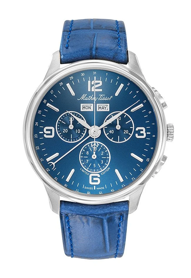 Montre Mathey-Tissot Edmond 5040F en acier inoxydable, cuir bleu et cadran bleu H1886CHABU