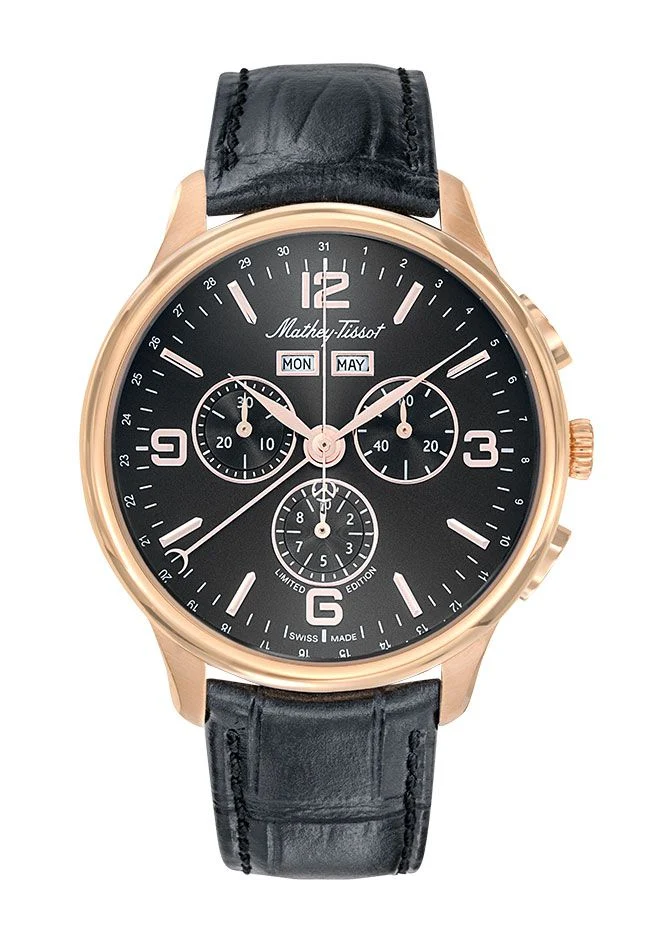 Montre Mathey-Tissot Edmond 5040F en or rose, cuir noir et cadran noir H1886CHPSN