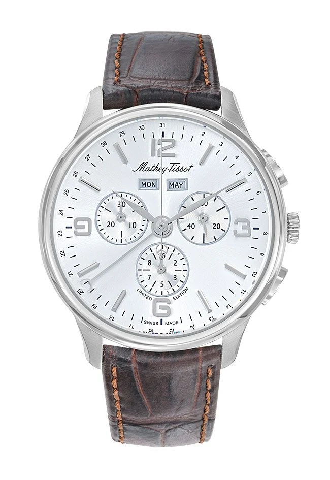 Montre Mathey-Tissot Edmond 5040F en acier inoxydable, cuir marron et cadran blanc H1886CHSA