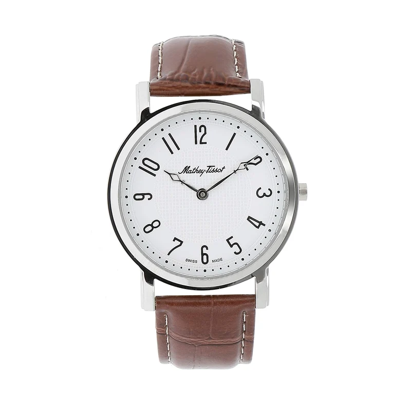 Montre Mathey-Tissot City No Date en acier inoxydable, cuir marron et cadran blanc H611252AG
