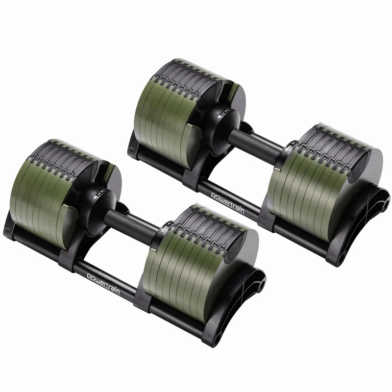 Powertrain Eon 90kg Adjustable Dumbbells Pair (2x 45kg) Quick Dial Strength Training Free Weights for Home Gym, Green