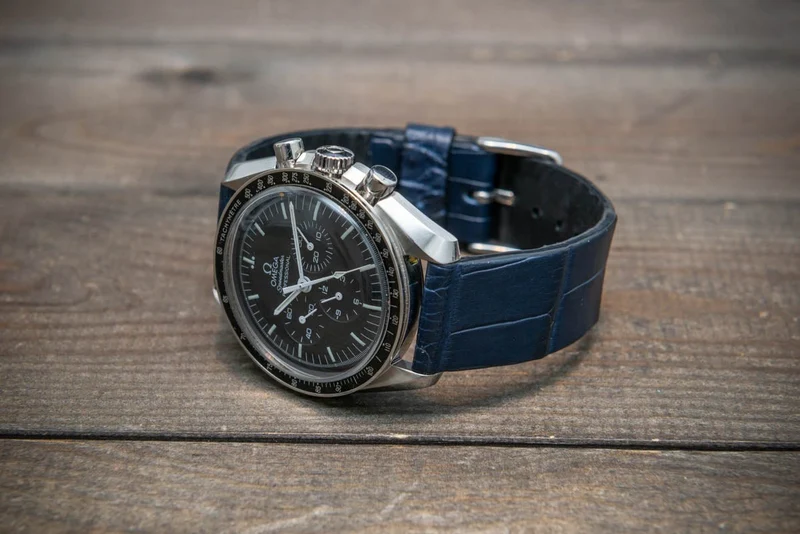Alligator watch strap, Blue matte, French Croco, handmade in Finland