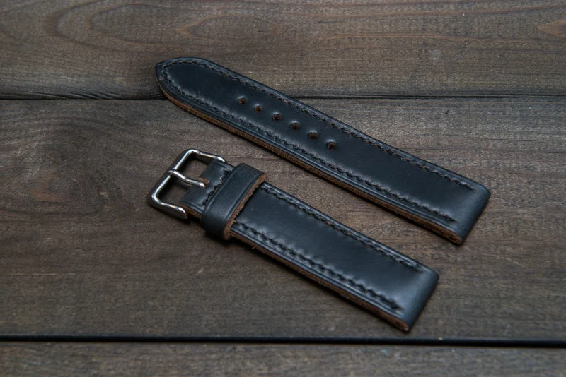 Horween Black Chromexcel leather, hand stitched watch band, handmade in Finland