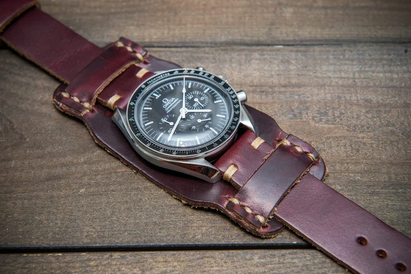 Bund-style Leather Watch Strap, Aviator model, Horween Burgundy Chromexcel