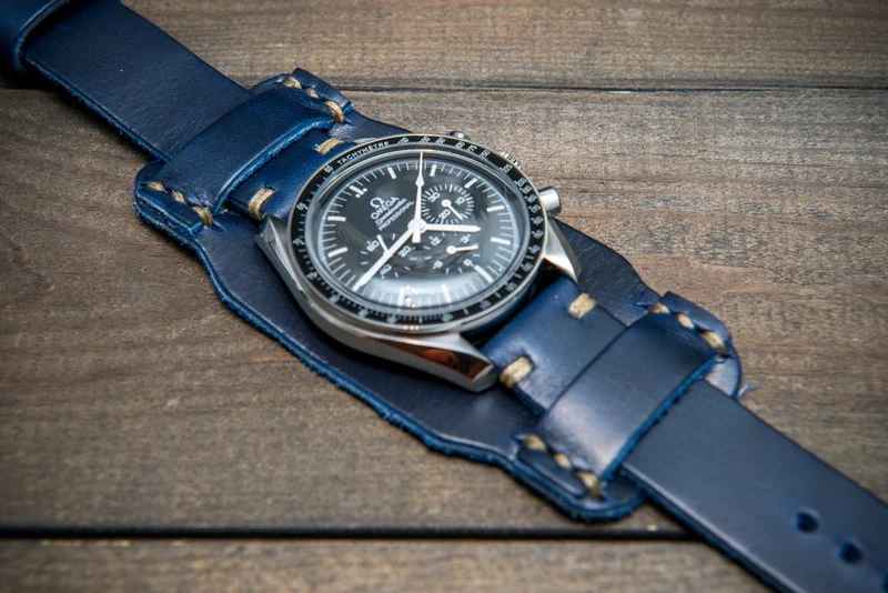 Bund-style Leather Watch Strap, Aviator model, Horween Deep Sea Cavalier