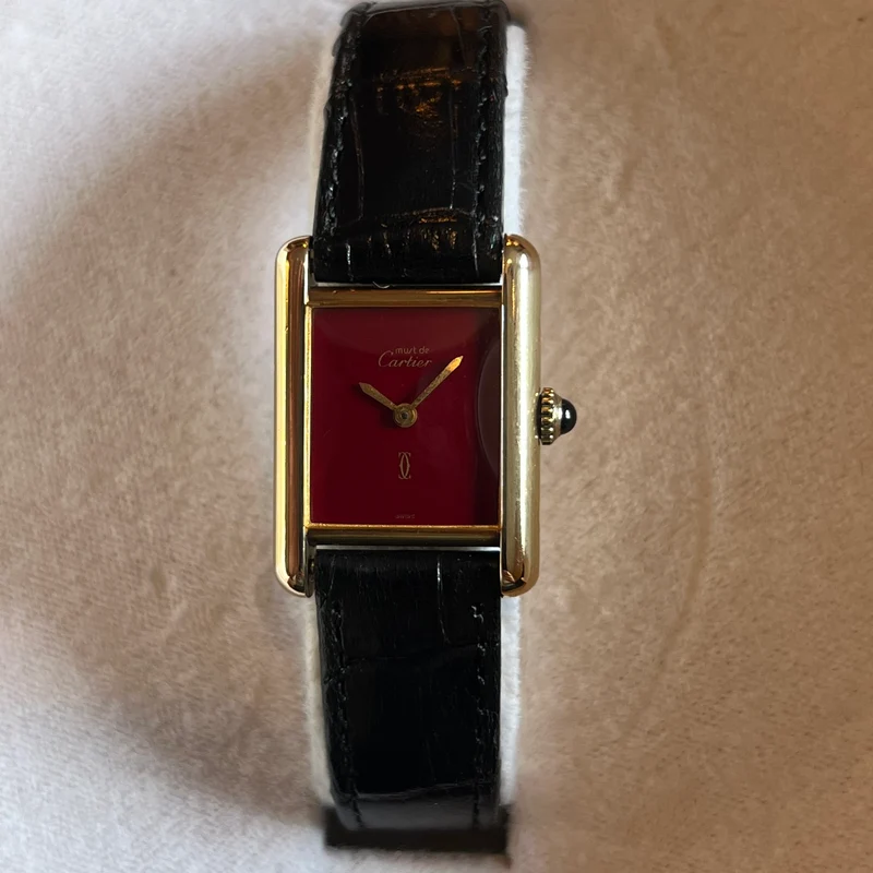 Montre Cartier Tank Must Cadran Bordeaux Boîtier Vermeil Ensemble Complet